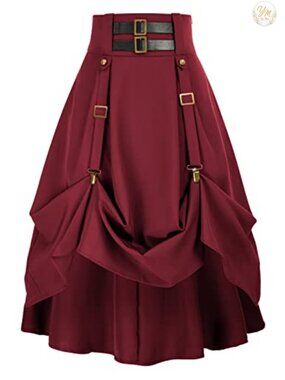 Steampunk High Waisted Midi Skirt with Pockets Adjustable High Low Hem